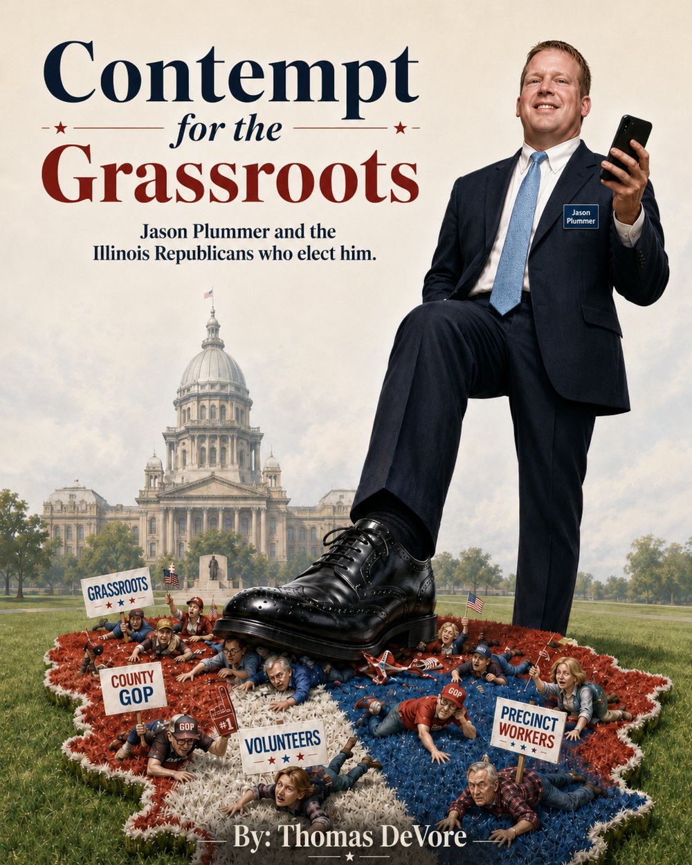 Illustration: a giant Jason Plummer in a navy suit looks at his phone while stepping on small grassroots Republican volunteers holding signs reading County GOP, Volunteers, and Precinct Workers, in front of the Illinois State Capitol.